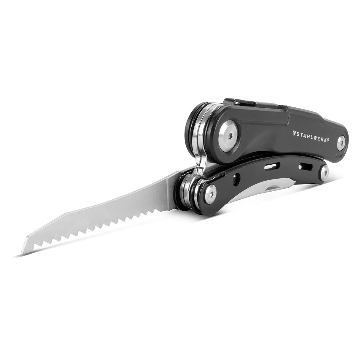 STAHLWERK Multitool mit 5 Werkzeugen, hochwertiges Taschenmesser / Klappmesser/ Multifunktionswerkzeug mit Gartenschere, Säge, Messer, Wurzelstecher und Öse - Image 9
