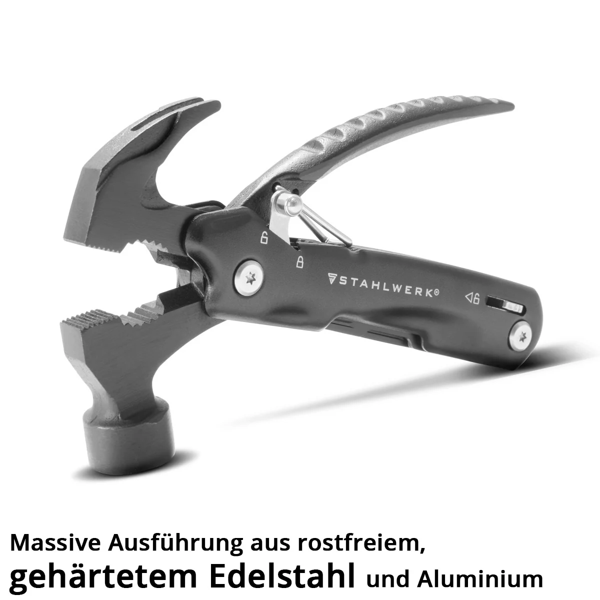 STAHLWERK Multitool mit 12 Werkzeugen, hochwertiges Taschenmesser / Klappmesser / Multifunktionswerkzeug mit Hammer, Messer, Säge, Feile, Kombizange, Schraubendreher etc. inklusive LED Taschenlampe - Image 6