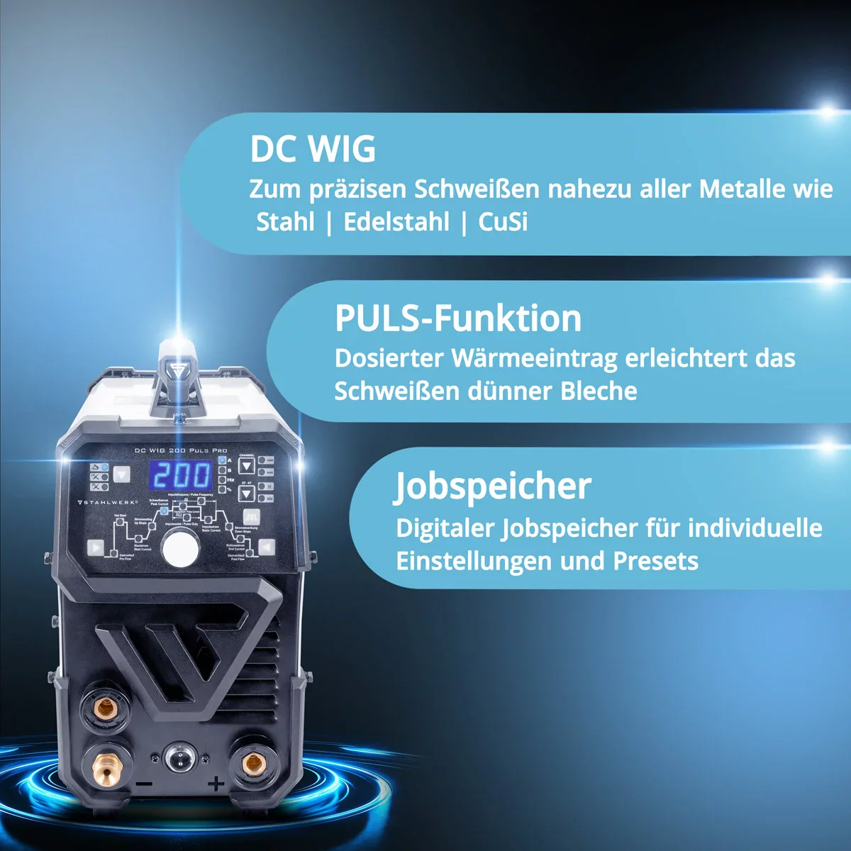 STAHLWERK 2-in-1-Kombi-Schweißgerät DC WIG 200 Puls Pro - Digitales Profi WIG Schweißgerät mit MMA E-Hand und Pulsfunktion, für Dünnblech geeignet - Image 5