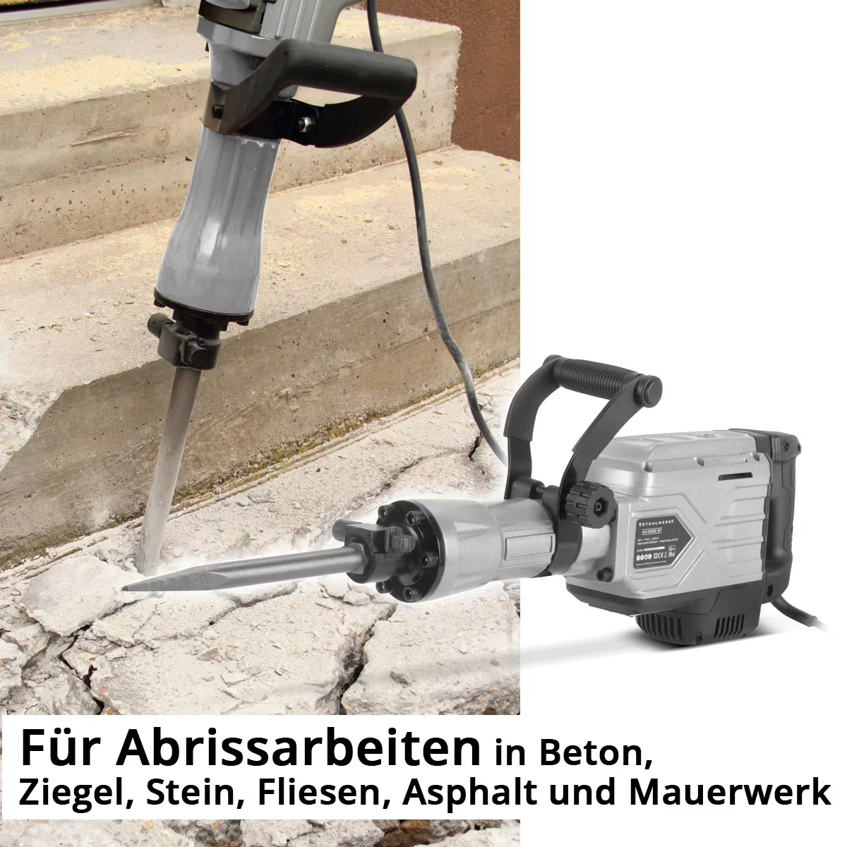 STAHLWERK Abbruchhammer AH-2200 ST mit 2.200 W Leistung, 2.100 Schläge pro Minute und 65 J Schlagkraft Stemmhammer | Meißelhammer | Schlaghammer | Bohrhammer | Abrisshammer mit Spitz- und Flachmeißel - Image 2