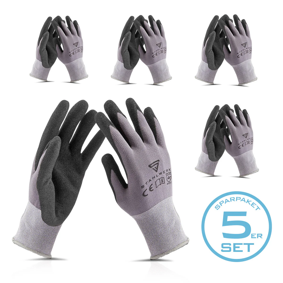 STAHLWERK Arbeits- und Montagehandschuhe Größe L 5er Pack / Schutzkleidung / robust und strapazierfähig aus Nitrilkautschuk - Image 3