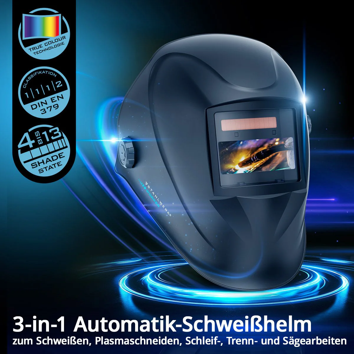 STAHLWERK Automatik-Schweißhelm WORKER 3-in-1 Schweißerhelm | Schweißschild | Schweißmaske mit True-Colour-Echtfarbwiedergabe, automatischer Abdunkelung DIN 4 bis DIN 13 und Optischer Klasse 1/1/1/2 - Image 7