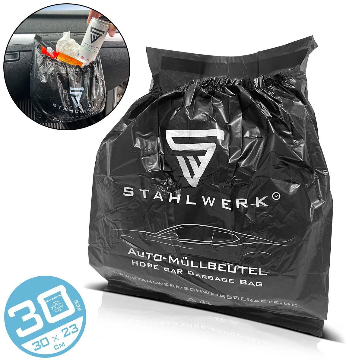 STAHLWERK Automüllbeutel 30 Stück 23 x 30 cm extra starke Abfallbeutel | Müllsäcke | Müllbeutel | Mülltüten aus reißfestem HDPE-Kunststoff
