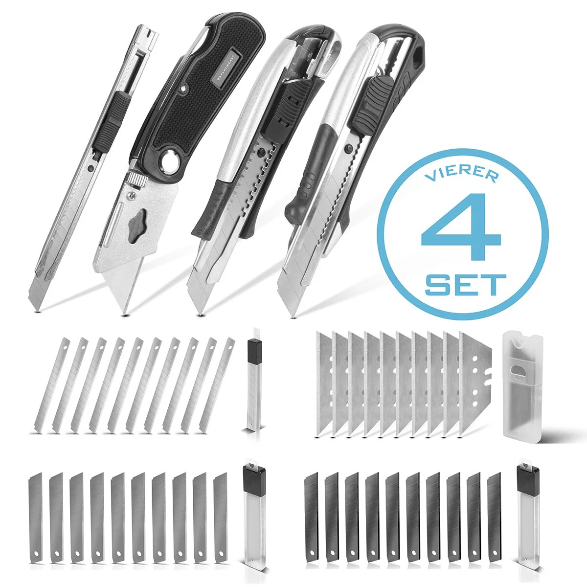 STAHLWERK Cuttermesser 4er Set mit Ersatzklingen Profi Cutter | Teppichmesser | Sicherheitsmesser | Paketmesser | Kartonmesser