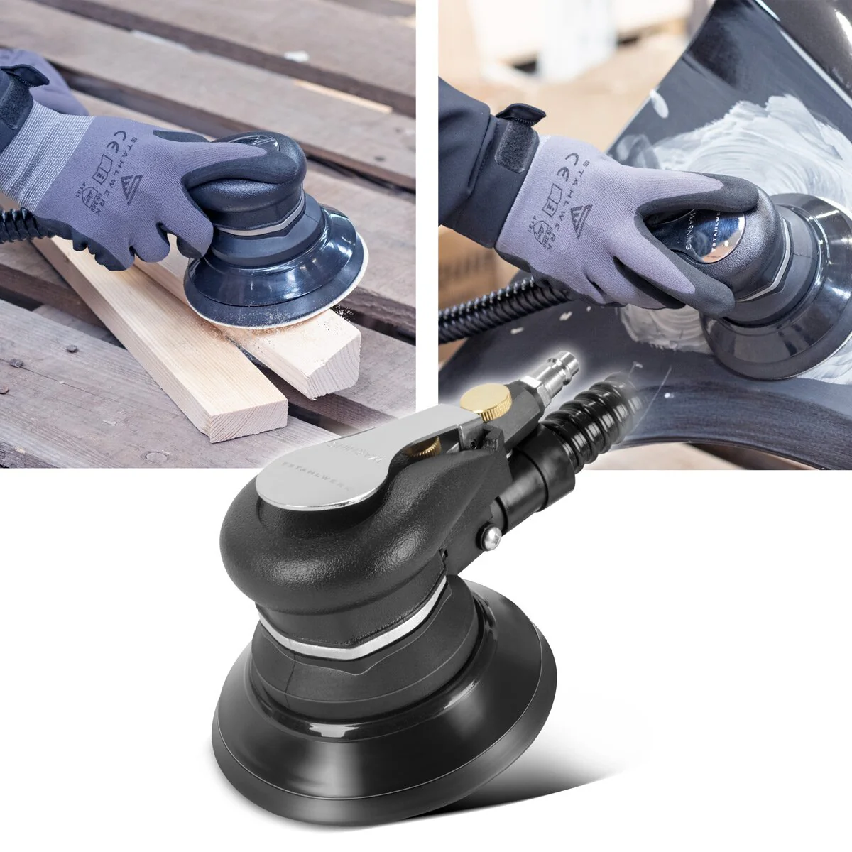 STAHLWERK Druckluft Exzenterschleifer DES-125 ST mit 14er Set Gitternetz-Klett-Schleifscheiben P60-P320 Druckluftschleifer mit 125 mm Schleifteller | Poliermaschine mit Absaugsystem und Staubsack - Image 12