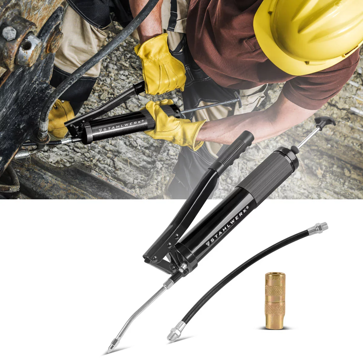 STAHLWERK Einhand-Fettpresse 600 ml 550 bar | Handhebelpresse aus robustem Stahl | Fettpresse für loses Fett oder 400 g Kartusche | Handpresse zur Schmierung mit flexiblem Schlauch und Verlängerungsrohr - Image 10