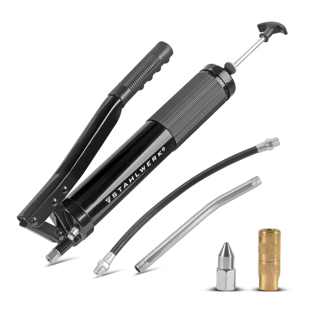 STAHLWERK Einhand-Fettpresse 600 ml 550 bar | Handhebelpresse aus robustem Stahl | Fettpresse für loses Fett oder 400 g Kartusche | Handpresse zur Schmierung mit flexiblem Schlauch und Verlängerungsrohr - Image 3