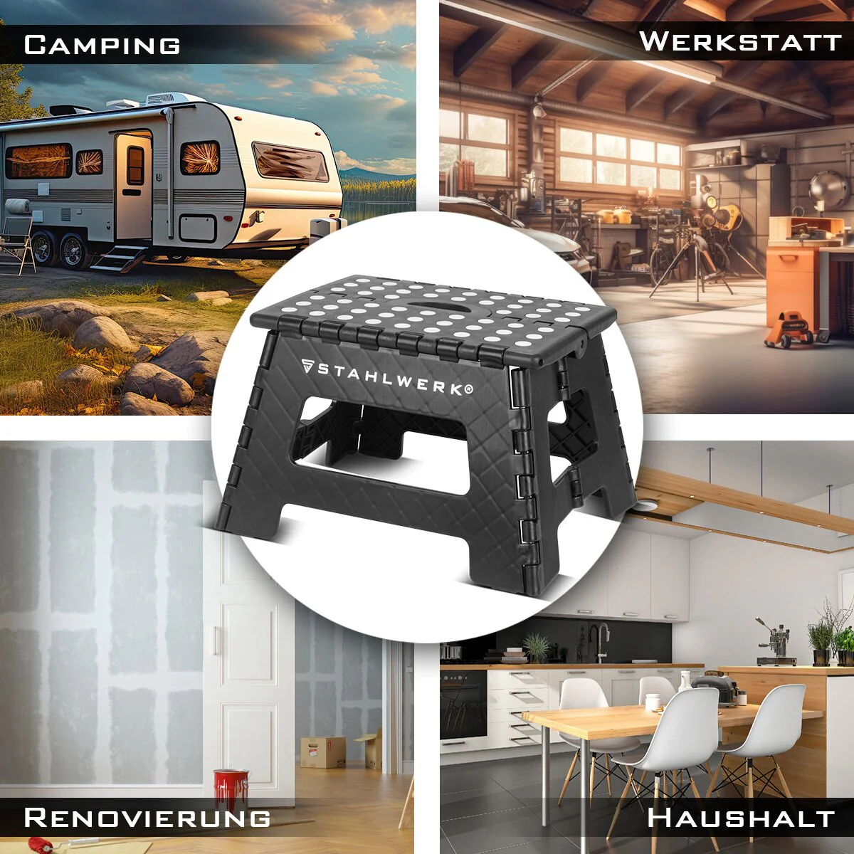 STAHLWERK Klapptritt KT-2 ST mit 150 kg Tragkraft Faltbarer Tritthocker | Klapphocker | Schemel | Trittstufe | Klappleiter | Trittleiter mit rutschfester Stufe - Image 11
