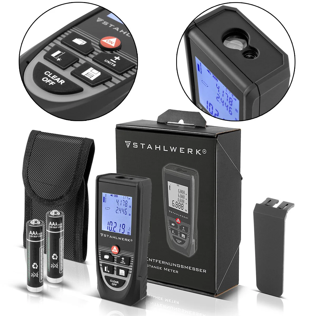 STAHLWERK Laser Entfernungsmesser LE-60 ST bis 60 m Distanzmesser mit beleuchtetem LCD Digital Display, Distanz- und Entfernungsmessgerät zum präzisen Messen von Entfernungen und Rauminhalten auf Baustellen oder in Innenräumen