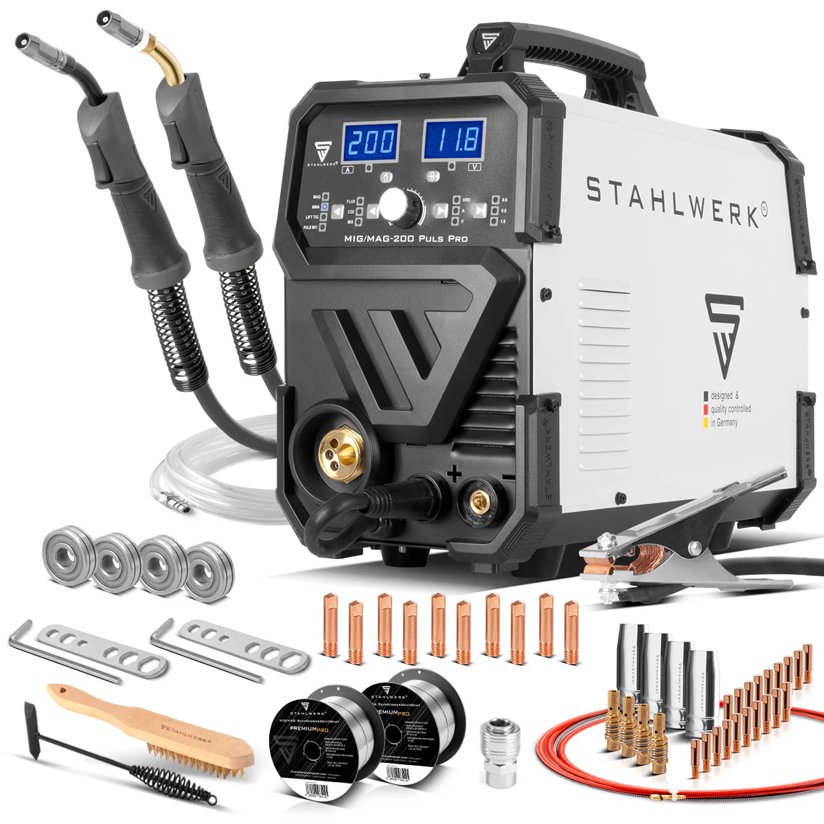 STAHLWERK MIG MAG 200 Puls Pro Schutzgas Schweißgerät Vollsynergisches 5 in 1 Kombigerät mit echten 200 Ampere inklusive AK25/MB25 Alu-Schweißbrenner, Verschleißteile-Set für Aluminium-Schweißen - Image 3