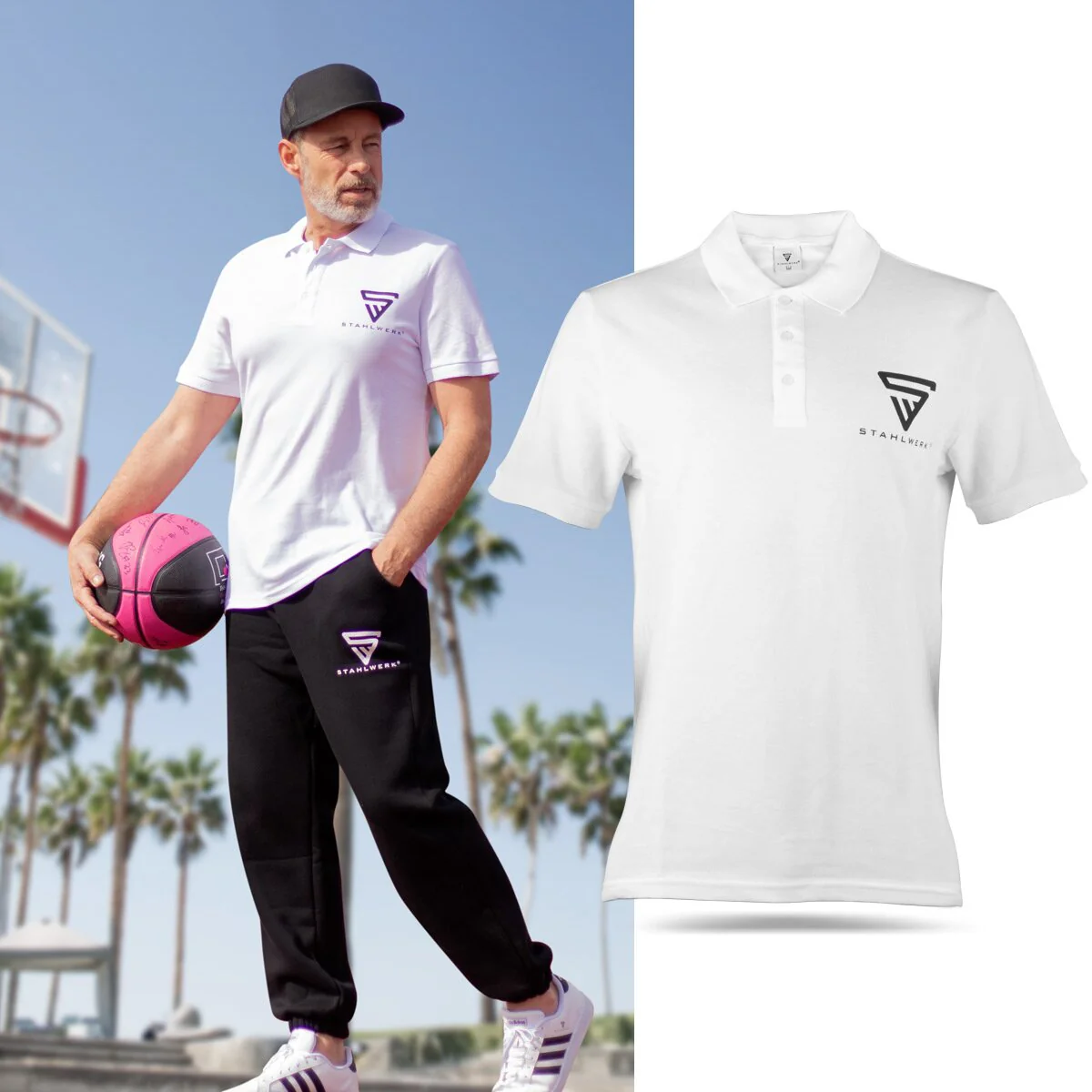 STAHLWERK Polo-Shirt Größe L Weiß Kurzarm Polo-Hemd mit Logo-Print aus 100% Baumwolle