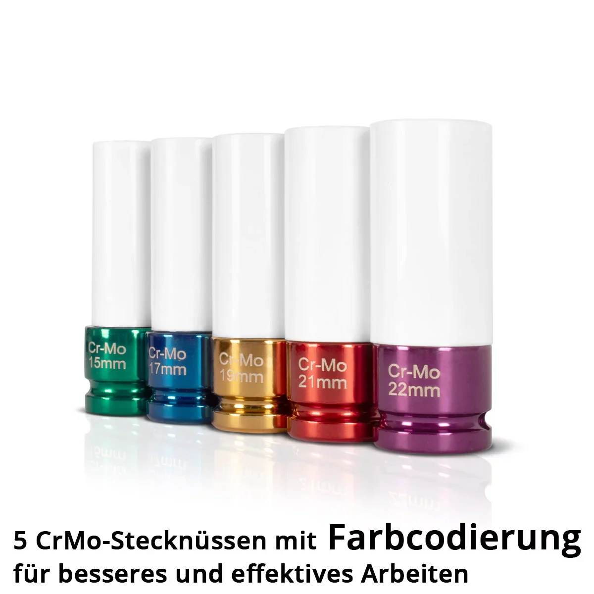 STAHLWERK Schlagschrauber-Nüsse-Set 1/2" Antrieb | 5 Schonnüsse 15, 17, 19, 21, 22 mm | Für einfachen Radwechsel | Cr-Mo-Stecknüsse für Alufelgen | Mit Felgenschutz | 6-Punkt-Profil | Farbcodiert - Image 2
