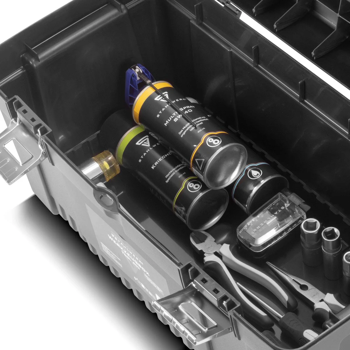 STAHLWERK Toolbox Set mit 4 leeren Werkzeugkisten | Werkzeugbox | Werkzeugkoffer | Werkzeugkasten | Werkzeug-Organizer | 4 in 1 Modul-System mit integrierten Sortimentsboxen - Image 10
