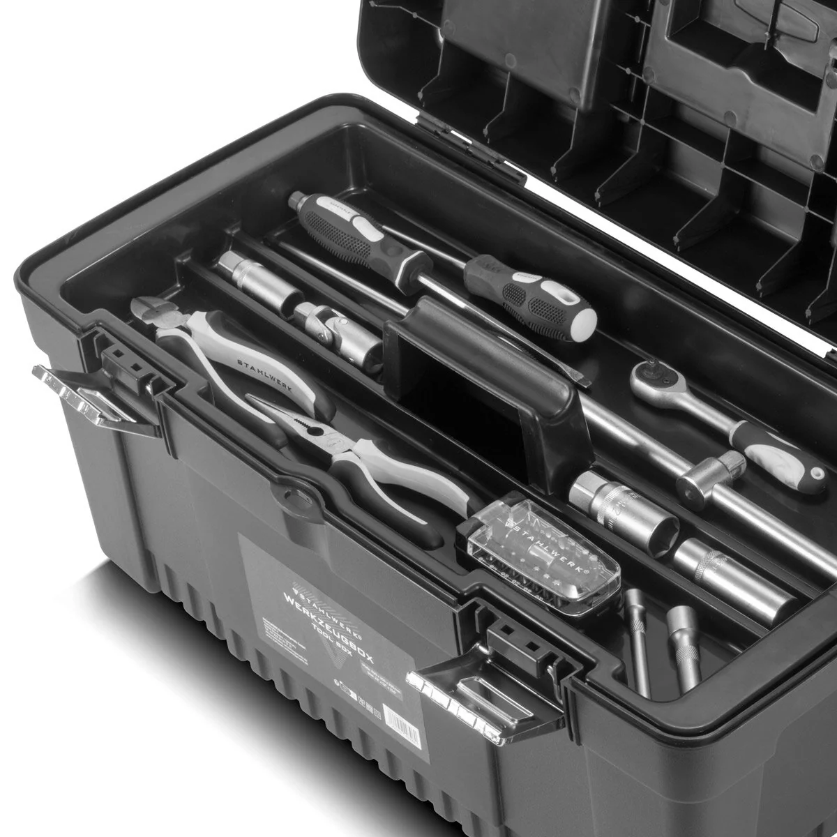 STAHLWERK Toolbox Set mit 4 leeren Werkzeugkisten | Werkzeugbox | Werkzeugkoffer | Werkzeugkasten | Werkzeug-Organizer | 4 in 1 Modul-System mit integrierten Sortimentsboxen - Image 12
