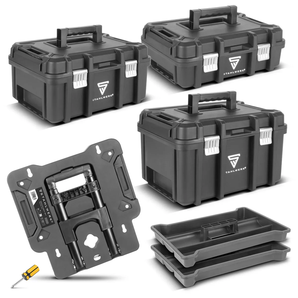STAHLWERK Toolbox Set | Mobiler Werkzeug-Trolley und Organizer mit Teleskopgriff | Flexibles Modul-System mit Sortimentsboxen | 3 stapelbare Werkzeugkisten | Werkzeugboxen mit Kleinteil-Organizer - Image 11