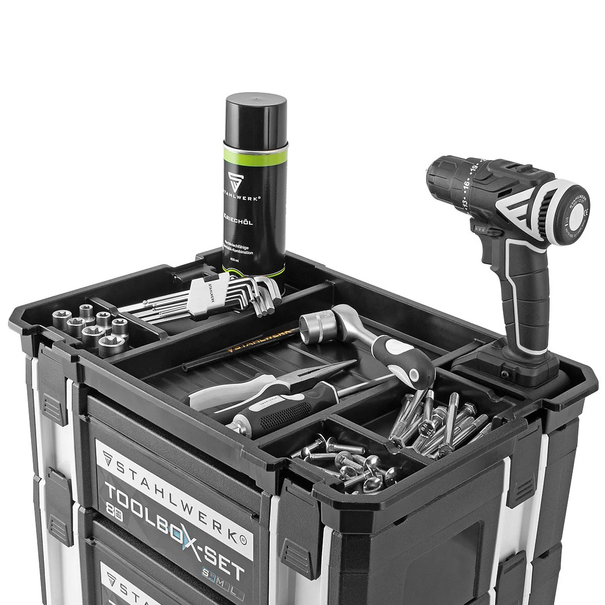 STAHLWERK Universal Toolbox mit Innenfach Größe S 443 x 310 x 128 mm stapelbare Systembox | Werkzeugkiste | Werkzeug-Organizer im Modul-System aus hochbelastbarem ABS-Kunststoff mit Tragegriff - Image 10