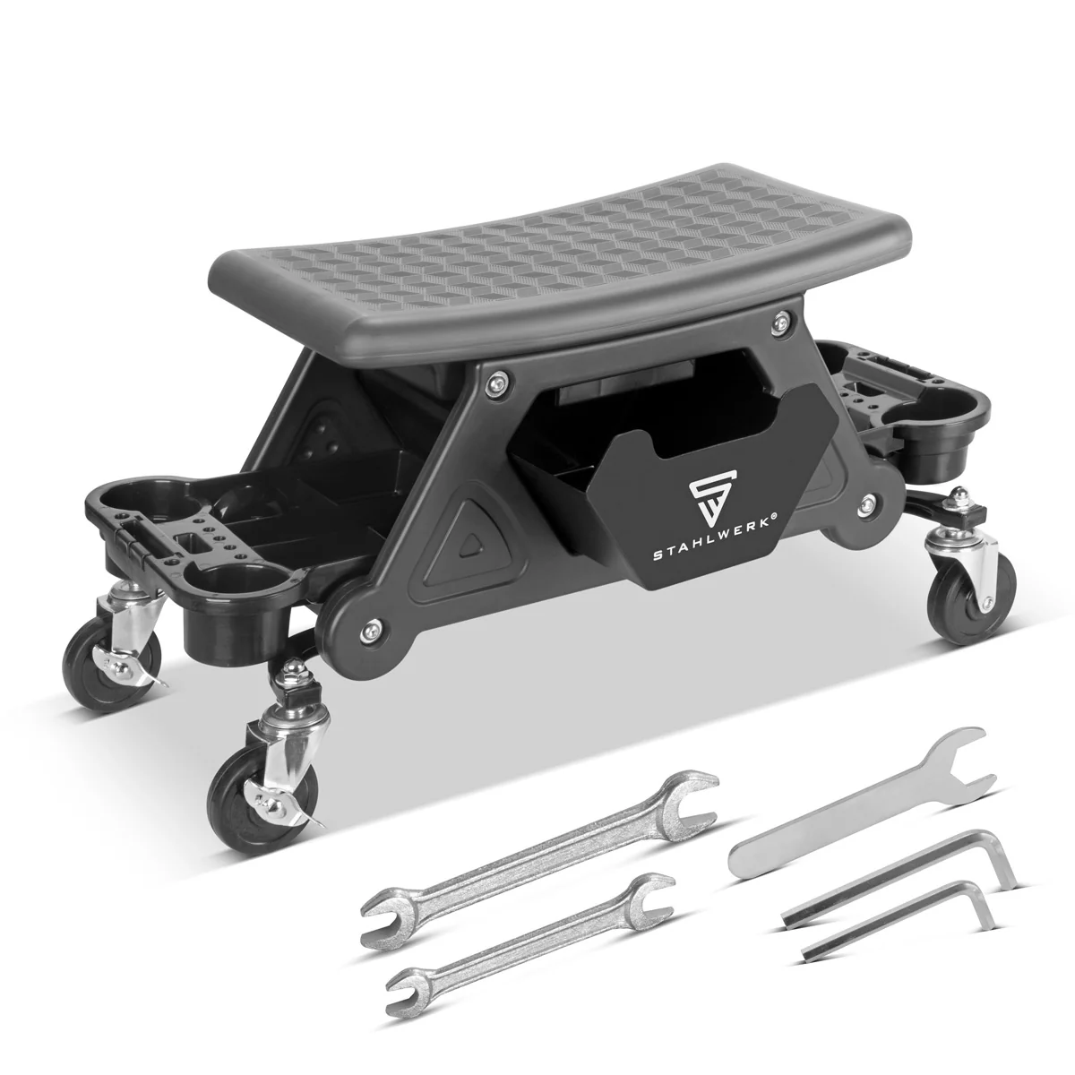 STAHLWERK Werkstatthocker WRS-185 mit 185 kg Tragkraft Werkstattsitz | Werkstattstuhl | Rollhocker | Werkstattrollsitz mit Schublade, Ablagefächern, Leichtlauf-Lenkrollen und Dosenhalter - Image 3