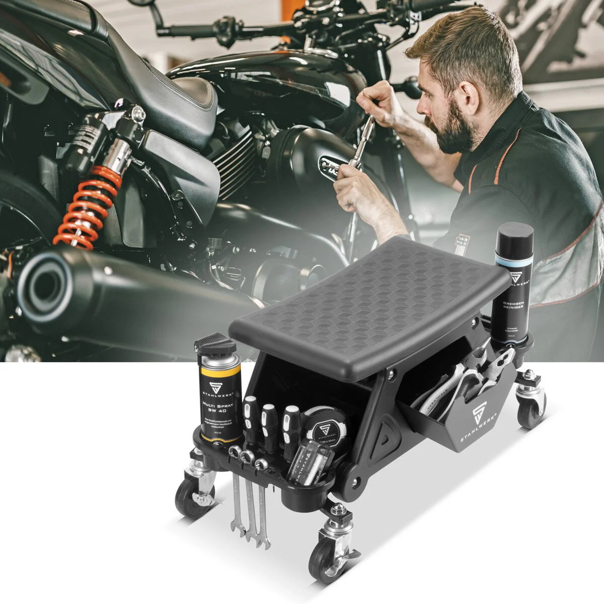 STAHLWERK Werkstatthocker WRS-185 mit 185 kg Tragkraft Werkstattsitz | Werkstattstuhl | Rollhocker | Werkstattrollsitz mit Schublade, Ablagefächern, Leichtlauf-Lenkrollen und Dosenhalter - Image 7