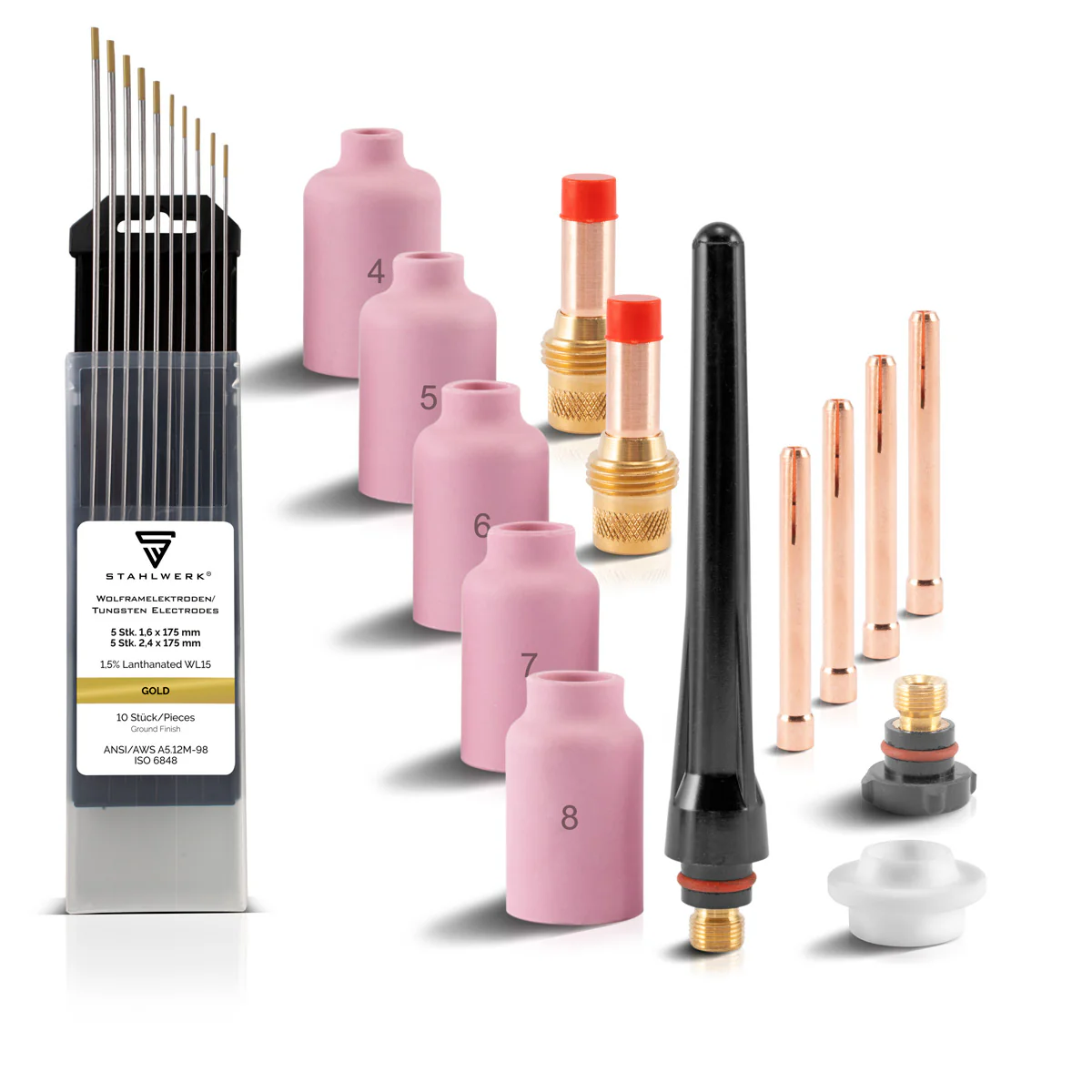 STAHLWERK WIG Gaslinsen Schweißzubehör Set 24-teilig mit Spannhülsen + Keramikdüsen + Wolframelektroden, Verschleißteile für WP-26 WIG-Schweißbrenner - Image 3